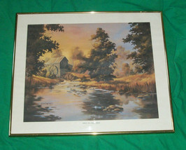 Retro Pop P Print Art Americana Water Mill In The Mist Rural Landscape Decor Vtg - £52.48 GBP