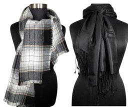 Aqua Made In Germany Black Plaid Scarf And Black Lightweight Fringed Scarf - £23.44 GBP