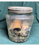 Vintage Jar of Old Buttons and Old Thread Wood Spools - $5.00