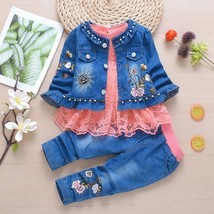 New Fashion  0-4 Y Little Girl Clothes Set Denim Jacket Long Sleeves T Shirt And - £138.90 GBP