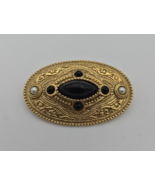 Brooch Vintage Gold Tone Filigree Black Cabochon Faux Pearl Oval Pin - $15.19 CAD