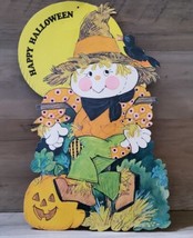 Vintage Happy Halloween Scarecrow Hanging Decoration Cut Out Pumpkin Crow 11x6.5 - £9.83 GBP