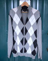 Club Room Argyle Sweater Mens XL Gray Black Blue Pima Cotton Full Zip Cardigan - £15.85 GBP