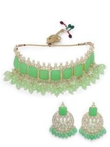 Gold Plated Mint Green Choker Necklace Set with Chandbali Earrings Jewelry - £28.37 GBP