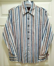 Men&#39;s L Embellished Button Up Shirt Long Sleeve Red Earth White Striped - $29.40