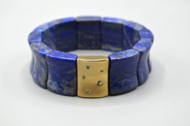 Lapis Lazuli Square Beaded Stretch Bracelet Chunky Large Gold Tone Clear Stones - £19.42 GBP