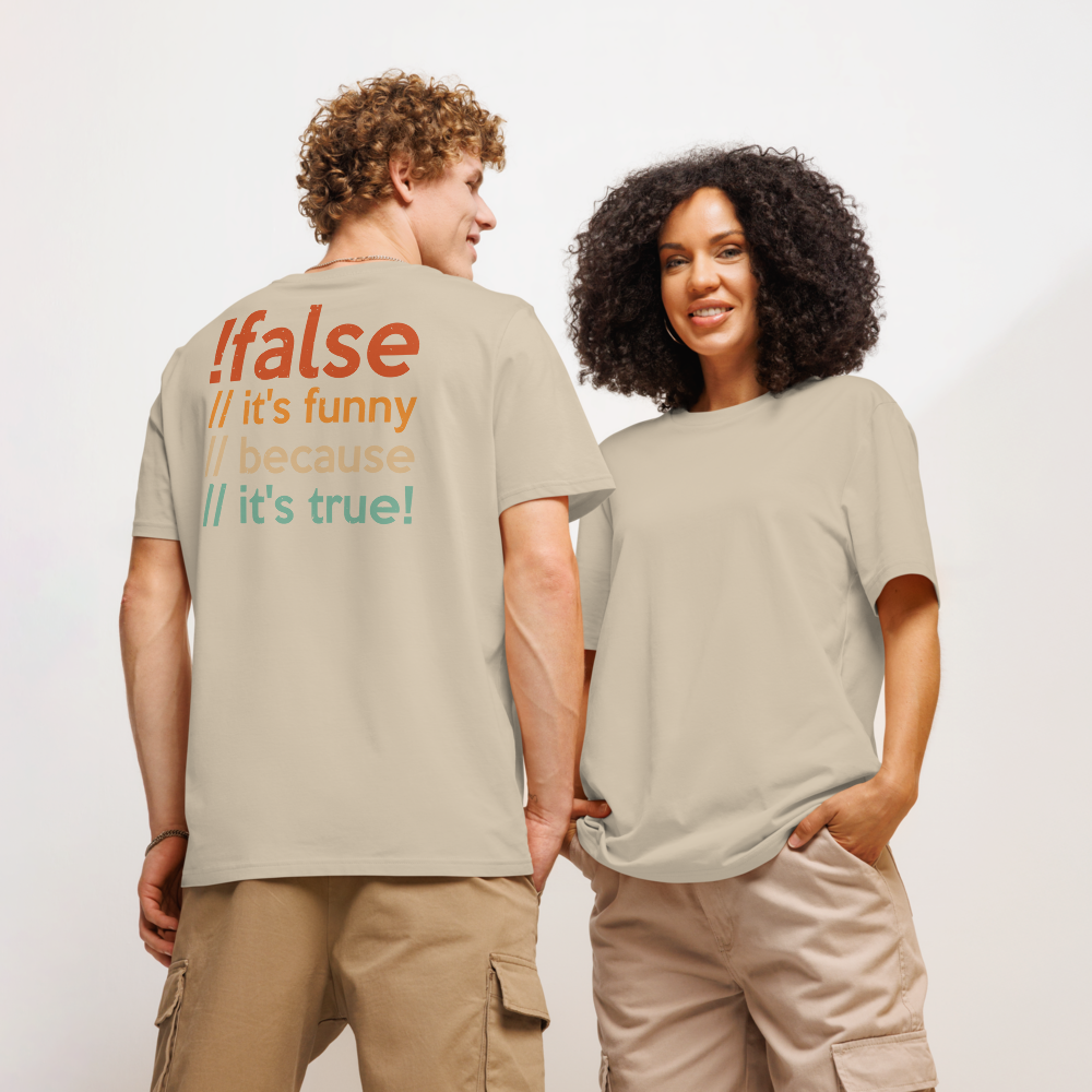 Unisex Organic Ribbed Neck T-Shirt – False It’s Funny Back Print (Desert Dust) Item image 10