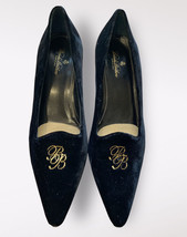 Brooks Brothers 8 Black Velvet Kitten Heel Pumps Gold Logo Embroidered Italy 7.5 - £28.56 GBP