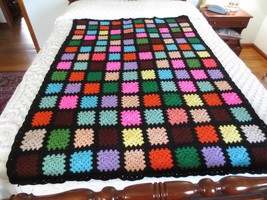 Vtg. Granny Square &quot;Stained Glass&quot; Design Wool Or Wool Blend Afghan - 45&quot; X 63&quot; - £30.66 GBP