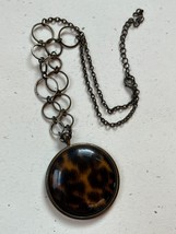 Antique Bronze Chain w Open Circles &amp; Large Round Animal Print Pendant Necklace - £9.16 GBP
