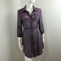 Free People Button Up Tunic Half Sleeve with Lace Inserts Purple Sz 6 - £17.04 GBP