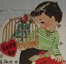 Cute Boy With Love Birds in Cage Vintage 1950&#39;s/60&#39;s Valentine Card With Glitter - £4.74 GBP