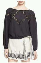 Free People Geometry Lesson Long Sleeve Lace Trim Top Black XS Retail $128 - $34.20