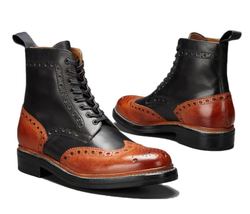 Men&#39;s b Handmade Boots Ankle Black Brown Leather Two Tone Wing Tip Brogue Shoes  - £123.88 GBP+