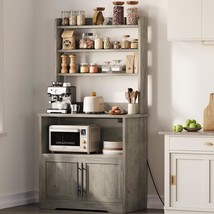 Microwave Stand Bakers Rack Cabinet, Farmhouse Bakers Rack With, Retro Gray - $168.93