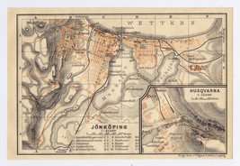 1912 Original Antique City Map Of Jönköping Jonkoping Husqvarna / Sweden - £16.86 GBP