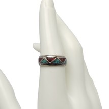 Crushed Blue Turquoise Red Coral Band Ring Size 7 Silver Tone Vintage Southwest - £27.59 GBP