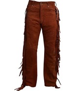100%Leather Brown Motorcycle Fringes Men Genuine Soft Suede Lambskin Pan... - $175.06 CAD+