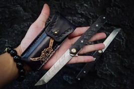 Handmade Damascus Steel Folding Pocket Knife - Carbon Fiber Tanto with Sheath - £74.62 GBP