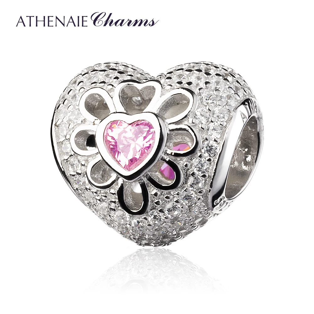 925 Sterling Silver with Pave Clear CZ &amp; Pink CZ Heart Blooms Bead Charms  Fit E - £33.36 GBP