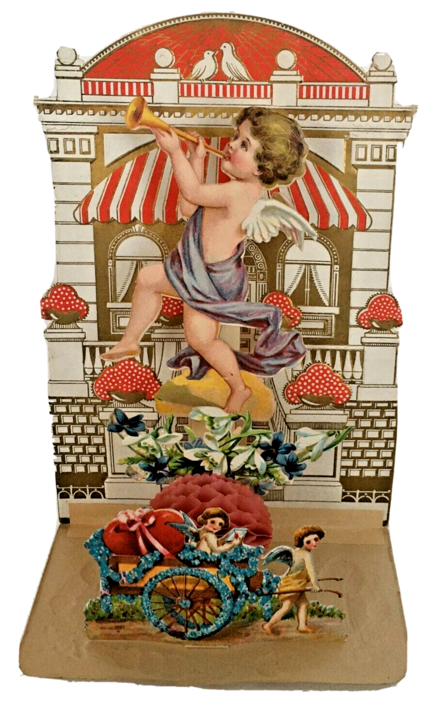 Primary image for Vintage Valentines Day Card Large Fold Out Angel Trumpet Cherub Germany