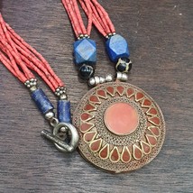 Vintage Tribal Afghan tiny seed beads coral red color Lapis jewelry neck... - $27.60