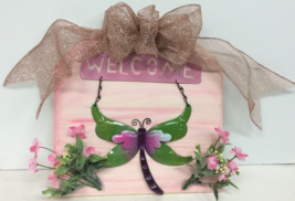 Handmade pink white Wooden hanging Metal Dragonfly Welcome Sign Bow 11x11 New - £11.75 GBP