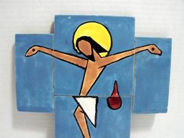 Handmade-hand painted Wall Crucifix Made of Four Art Tiles, Signed, Dated - $11.99