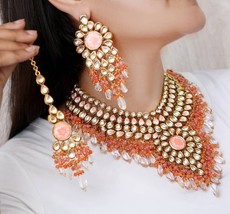VeroniQ Trends-Designer Pink Orange Gems Necklace set in Kundan,Meenakari,Pearls - £131.89 GBP