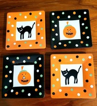 2001 St 4 Vintage TAG Halloween CERAMIC Appetizer Plates PUMPKIN/Cat Pol... - $14.80