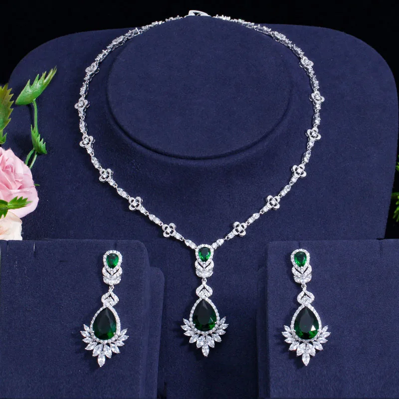 Gorgeous Teardrop Green CZ Crystal Wedding Earring Necklace Dress Jewelry Sets w - £45.31 GBP