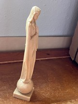 Vintage Tall Thin Tan Plastic Praying Mary Standing on a Ball Religious ... - $9.49
