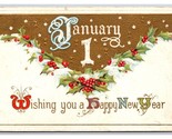 Wishing You Happy New Year Holly Gilt Jan 1 Embossed DB Postcard A16 - $3.91