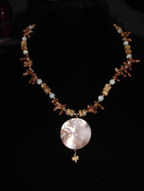 VTG Brown Spiral Glass Shell Abalone Shell Silver Tone Necklace - $10.89