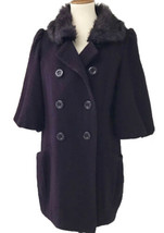 Eggplant Dark Purple Wool Blend Peacoat Over Coat Fur Collar 3/4 Sleeves... - £17.74 GBP