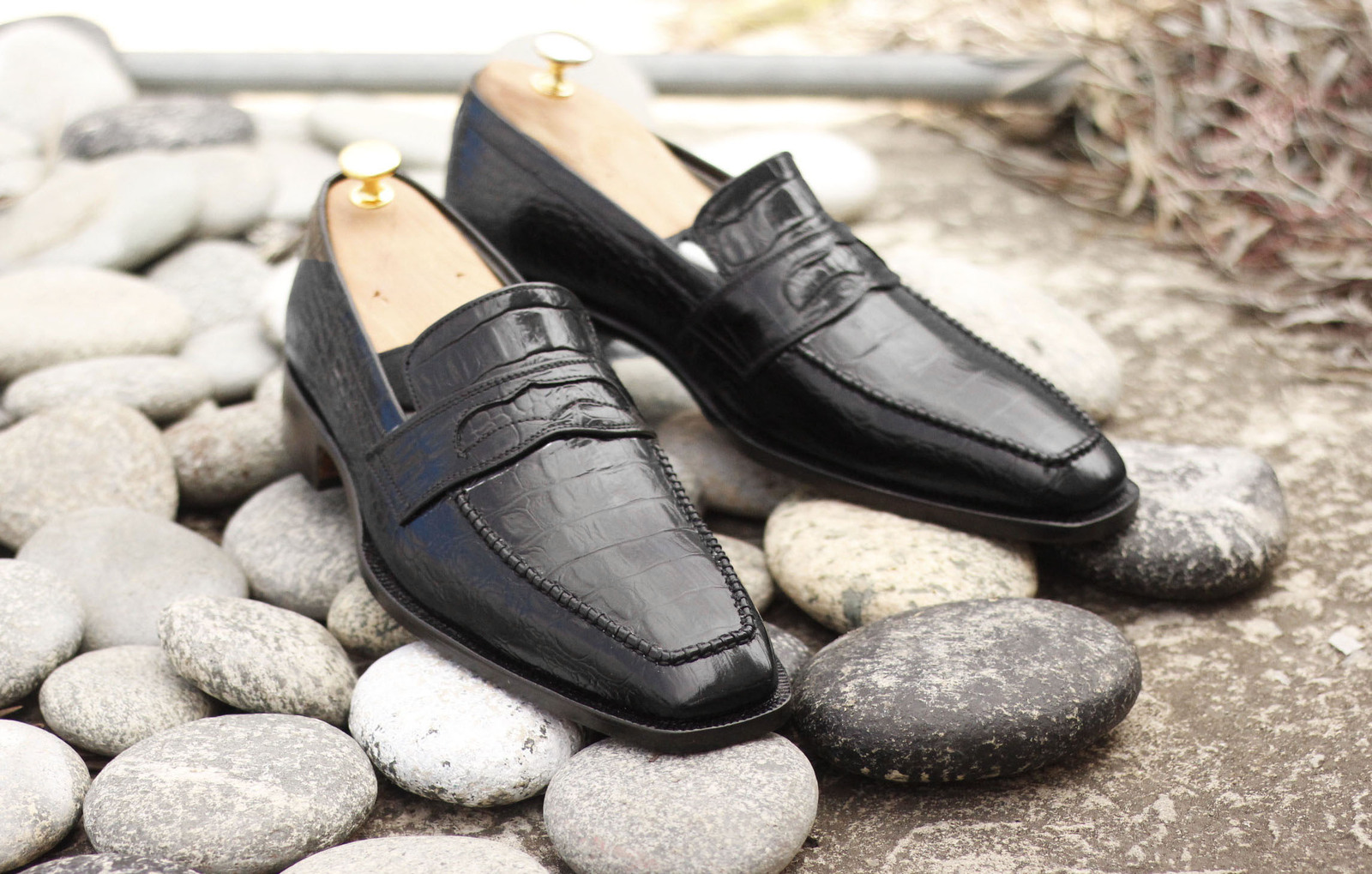 Handmade Men Black Alligator Textured Leather Penny Loafer Shoes, Dress Shoes