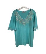Quacker Factory Y2K Embroidered Knit Top Teal Floral Scalloped Neckline 1X - $21.60