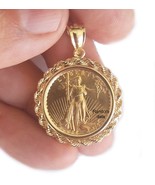 American Lady Liberty Gold Coin Pendant 14k Yellow Gold Rope Chain Frame - $687.00