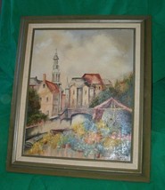 Vtg Oil Painting Fran True Old Village Cathedral Convent Flower Garden Art Study - £143.54 GBP