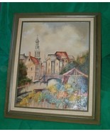 VTG OIL PAINTING FRAN TRUE OLD VILLAGE CATHEDRAL CONVENT FLOWER GARDEN A... - £143.43 GBP