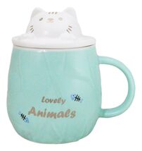 Whimsical Green Chubby Feline Kitty Cat Cup Mug With Lid And Stirring Spoon - $347.10 MXN
