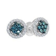 Sterling Silver 3ct Round Blue Simulated Multi-Stone Halo Cluster Stud Earrings - £73.94 GBP