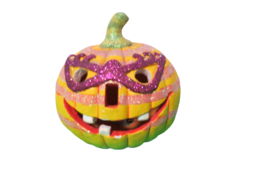 Ceramic Painted Pumpkin LED Light Small 7&quot;T Glitter Mask Halloween Table... - $21.29