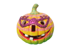 Ceramic Painted Pumpkin LED Light Small 7&quot;T Glitter Mask Halloween Table... - £16.76 GBP