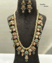 Indischer Bollywood Stil Polki Kundan Lang Haram Halskette Ohrringe Schmuck Set - £186.57 GBP