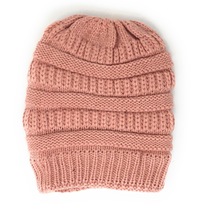 LOF Trendy Cable Knit Beanie Skully Hat with Warm Fleece Lining - Pink - £8.65 GBP