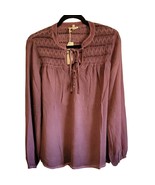 Mystree Womens Top Tunic Smocked Tie Collar Long Sleeve Sheer Purple Small - $26.21 CAD