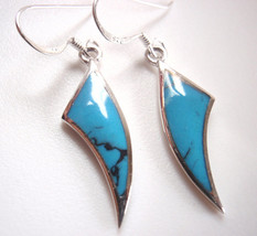 Simulated Turquoise Blue Dangle Earrings 925 Sterling Silver Curved Claw-Shape - $14.39