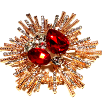 Vintage  Gold Color Red &amp; Clear Rhinestone Starburst 2 and 1/4&quot; Brooch - £15.97 GBP