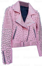 New Handmade Women&#39;s Pink Studded Leather Rock Steam Punk Style Biker Jacket-219 - £303.74 GBP